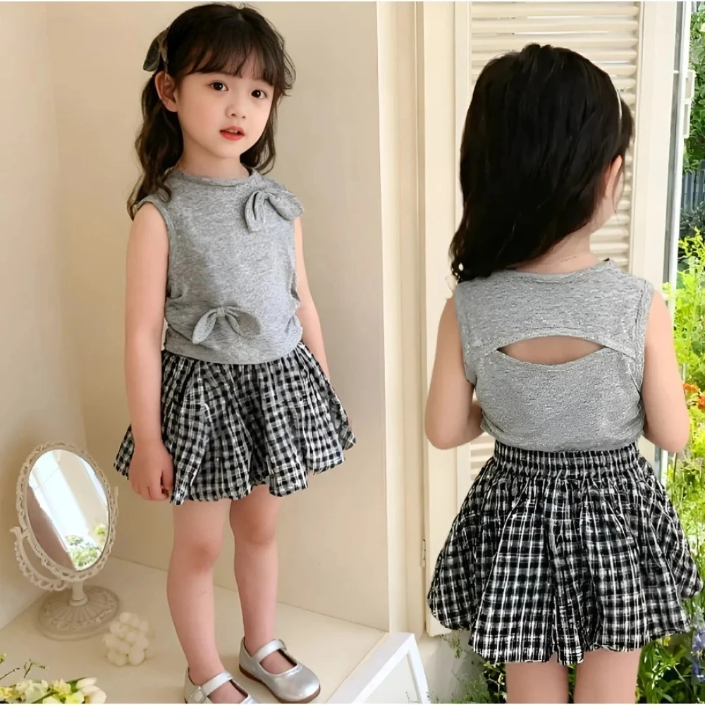 Round Neck Bow Sleeveless Top+checkered Shorts Two-piece Set Summer New Street Style