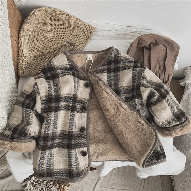 

2025 New Children's Plaid Plush Coat Autumn and Winter New Warm Coat Children Wear Coat Boy's and Girls' Clothing Padded Clothes