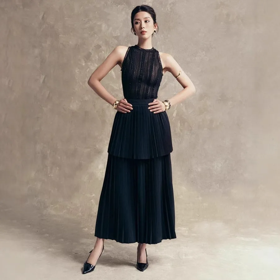 

Black Lace Tops + Tiered Ruffles Skirts Women Summer Holiday Party 2 Piece Sets Vintage Elegant Streetwear Skirt Set