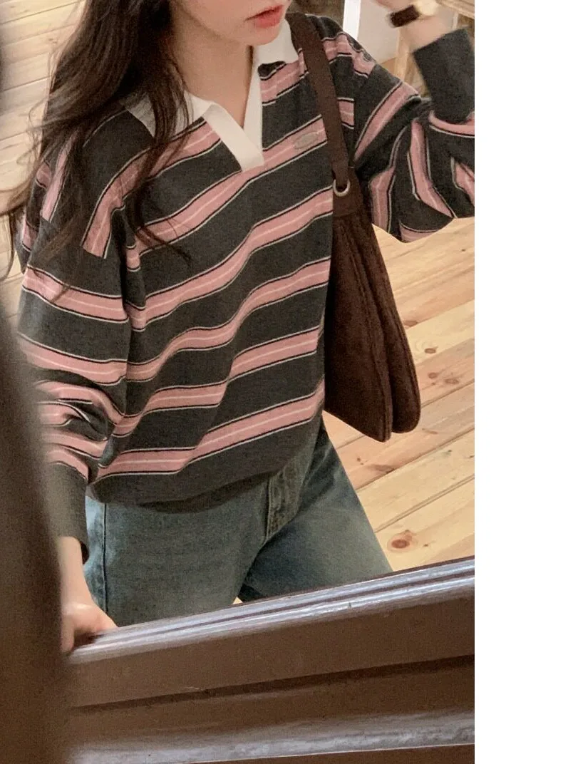 Chic Autumnal Vintage Color Block  Neck Long Sleeve Striped Knitwear Top for Women Loose Fit Versatile Korean Style