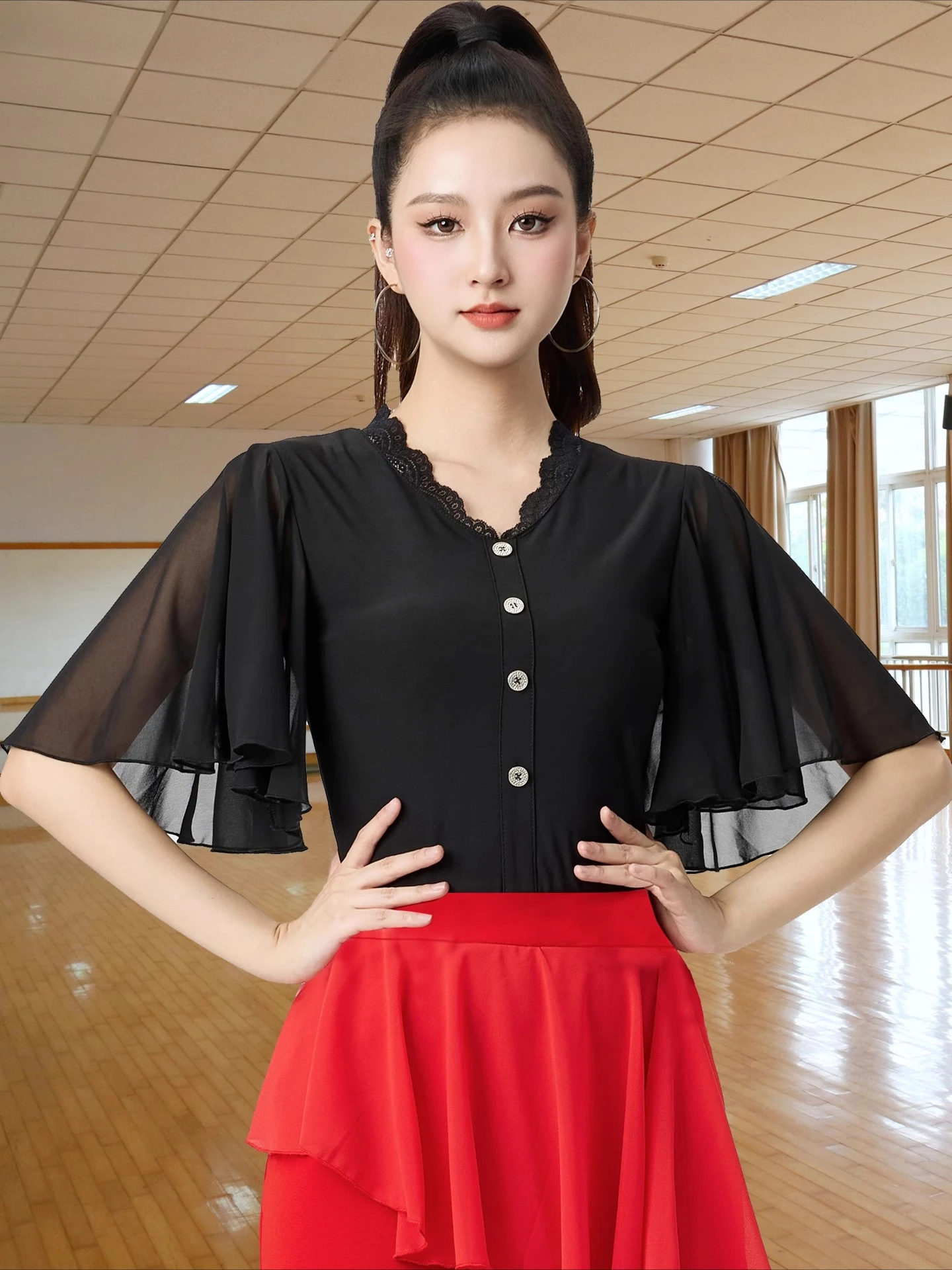 

Summer Ruffled Sleeves Modern Dancing Top Women Dance Wear Latin Tops Waltz Ballroom Dance Competition Tops Stage Practice Wear