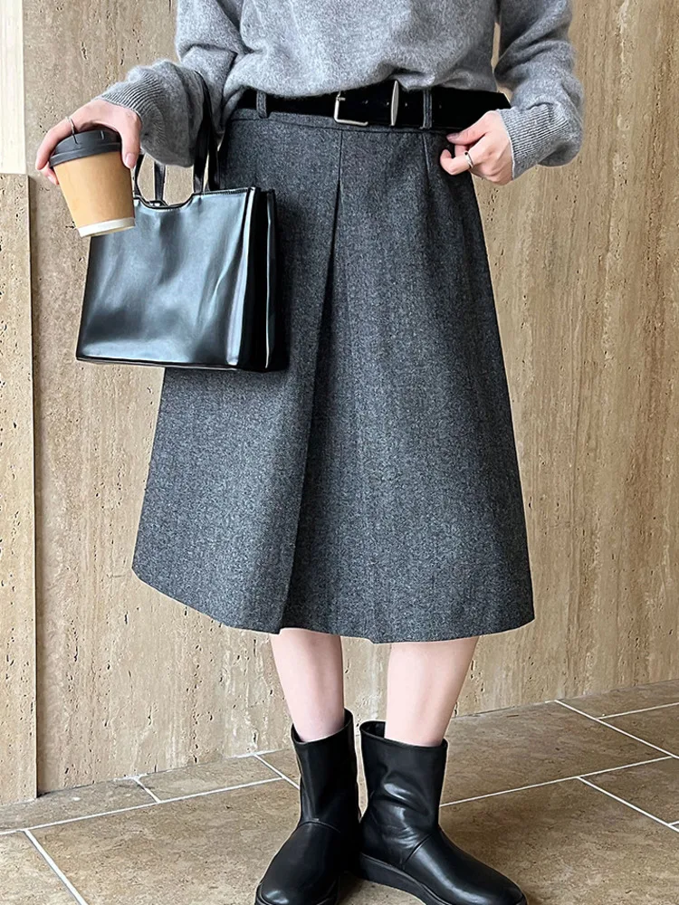 WHTREND Style coréen laine laine sensation jupe Midi pour les femmes hiver nouvelle taille haute avec ceinture a-ligne jupes WH2203