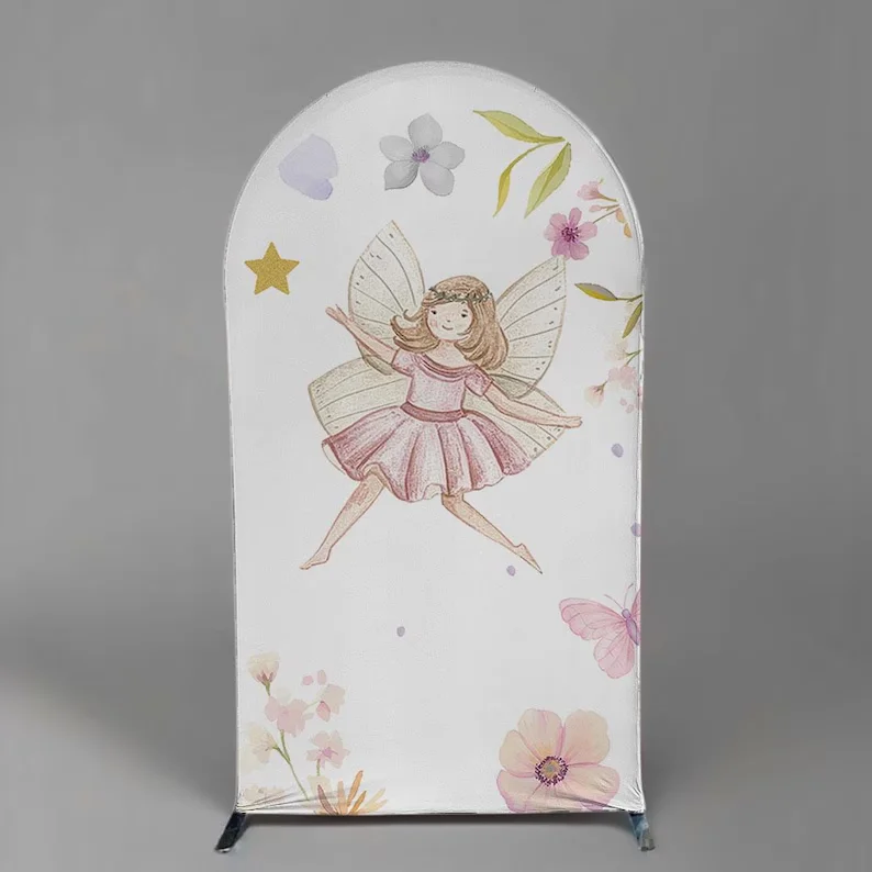 Mehofond Easter Arch Backdrop Cover Floral Butterfly Mushroom Girls Princess Birthday Party Decor Spandex 2-Sided Background