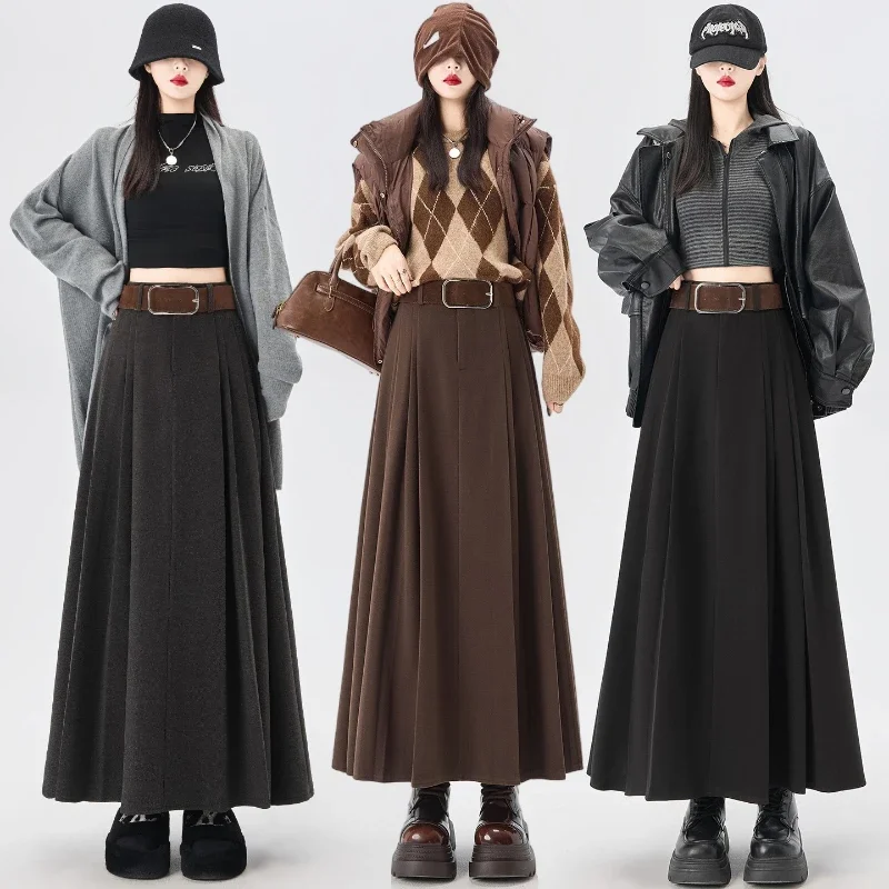

High Quality Woolen Skirt for Women Autumn Winter Mid-length Pleated Skirt with Belt Female Slimming A-line Long Skirt JJ1235