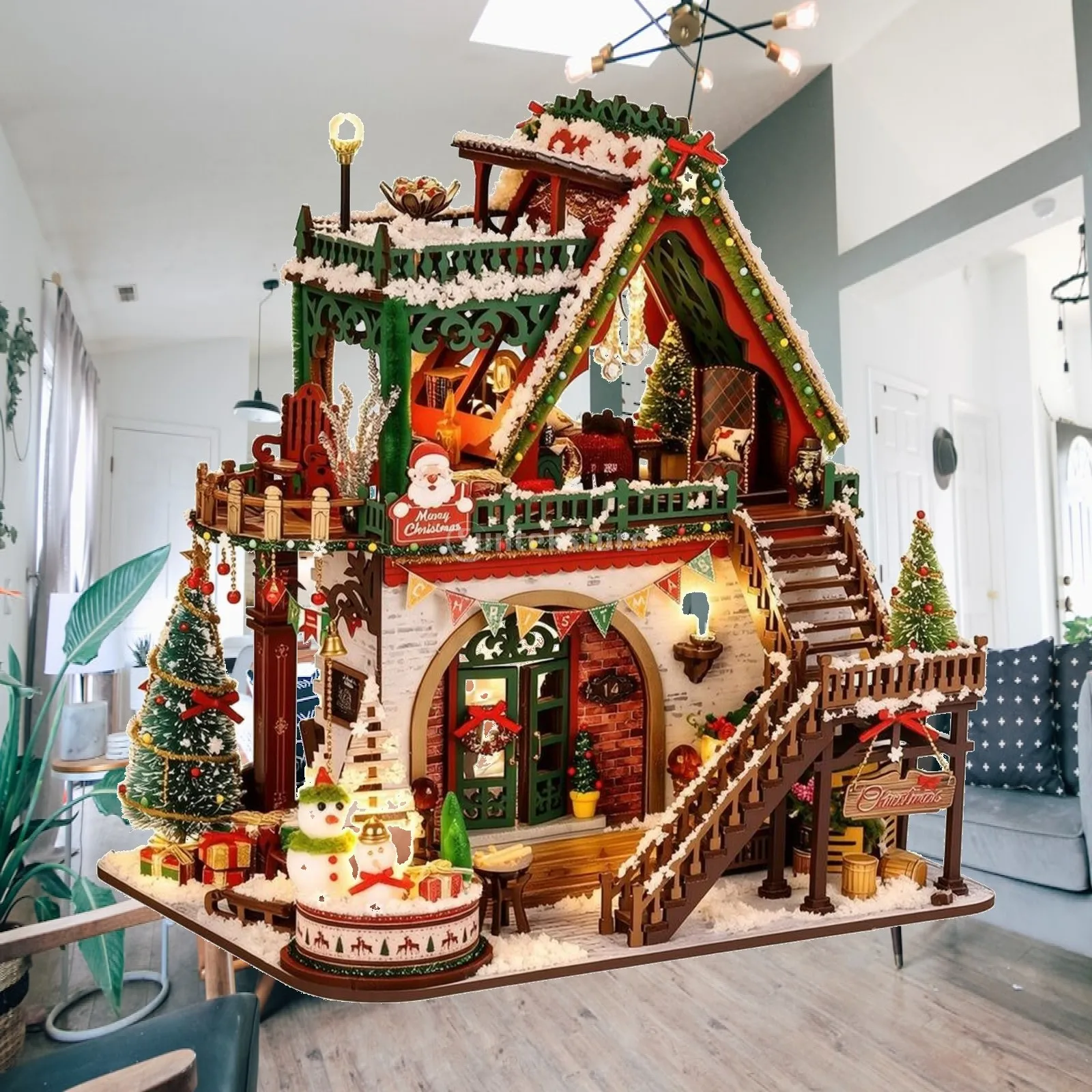 DIY Miniature House Illuminated Wooden Miniature House Christmas Tabletop Ornament Decorative Decoration Detailed