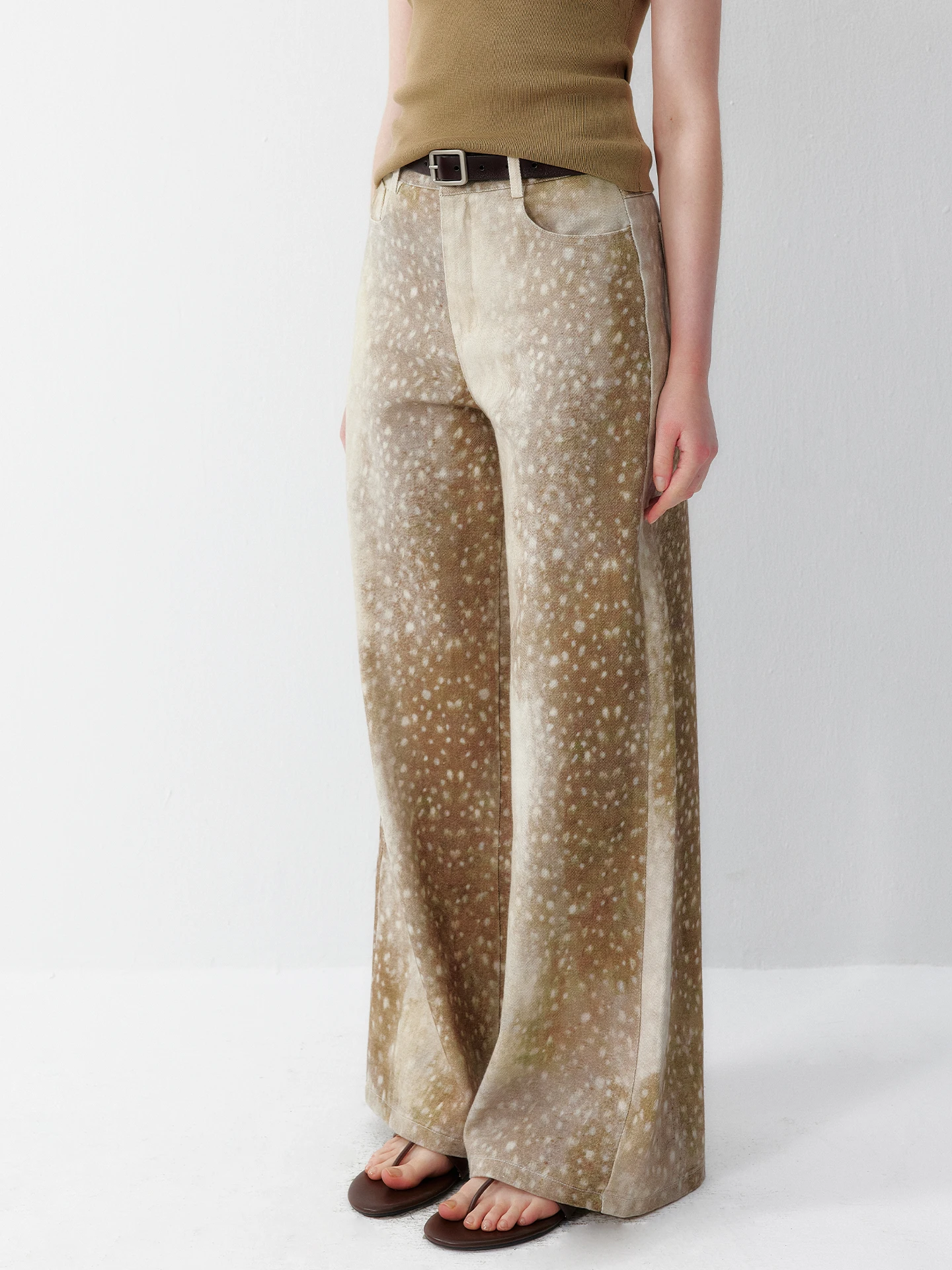  plus Vintage Khaki Deer Print Women's Jeans Spring Autumn Drapey Versatile Wide Leg Long Pants Skin-friendly Breathable