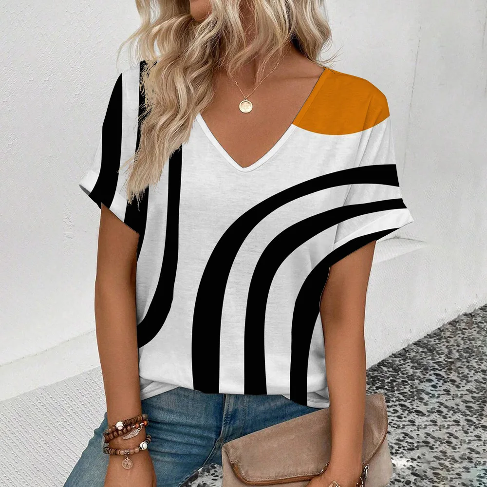 Women\'s V-neck T-shirt Geometric Lines Pattern Print T-shirt Fashion Women\'s Short Sleeved T-shirt 2024 Summer Leisure T-shirt