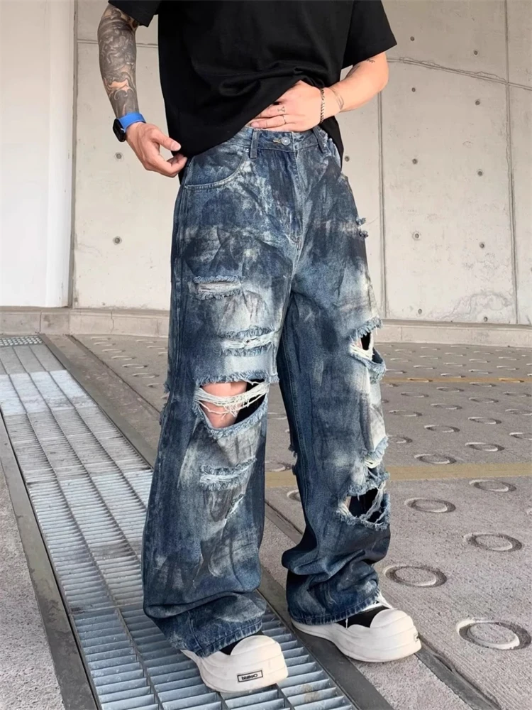 Men's Multiple Holes Wide Leg Distressed Jeans Cowboy Sweatpants Casual Cool Boys Pants High Waist Bottoms Male Baggy Trousers