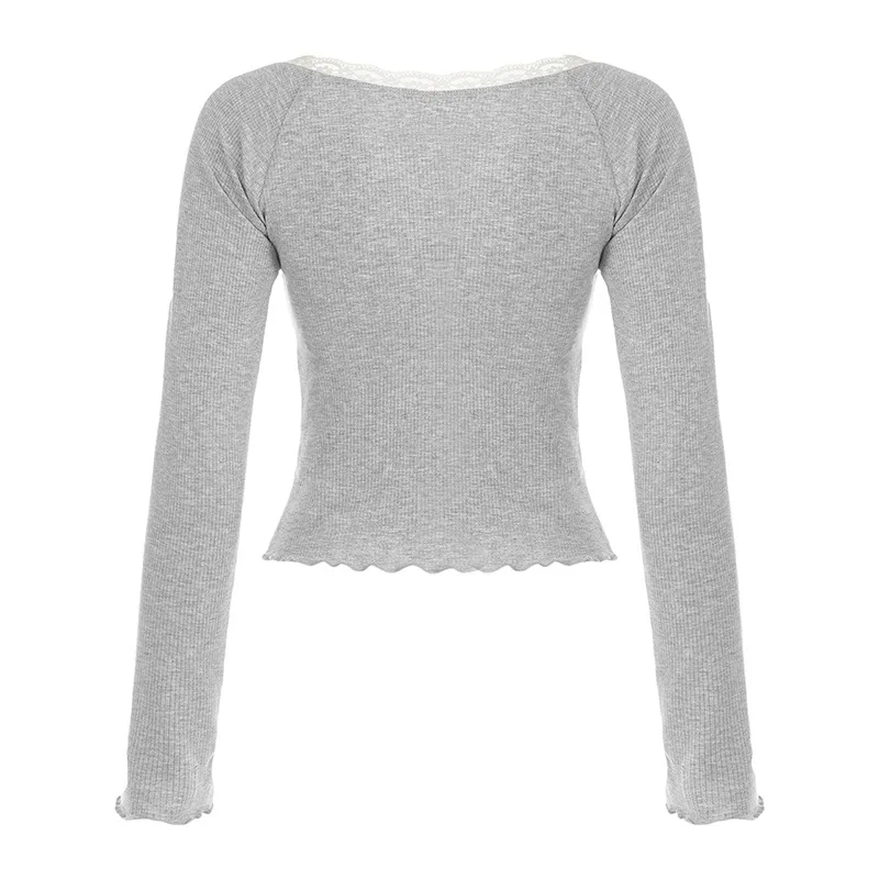 Late autumn style girl design casual fitted short-sleeved base layer top lace patchwork v-neck long-sleeved knit T-shirt women