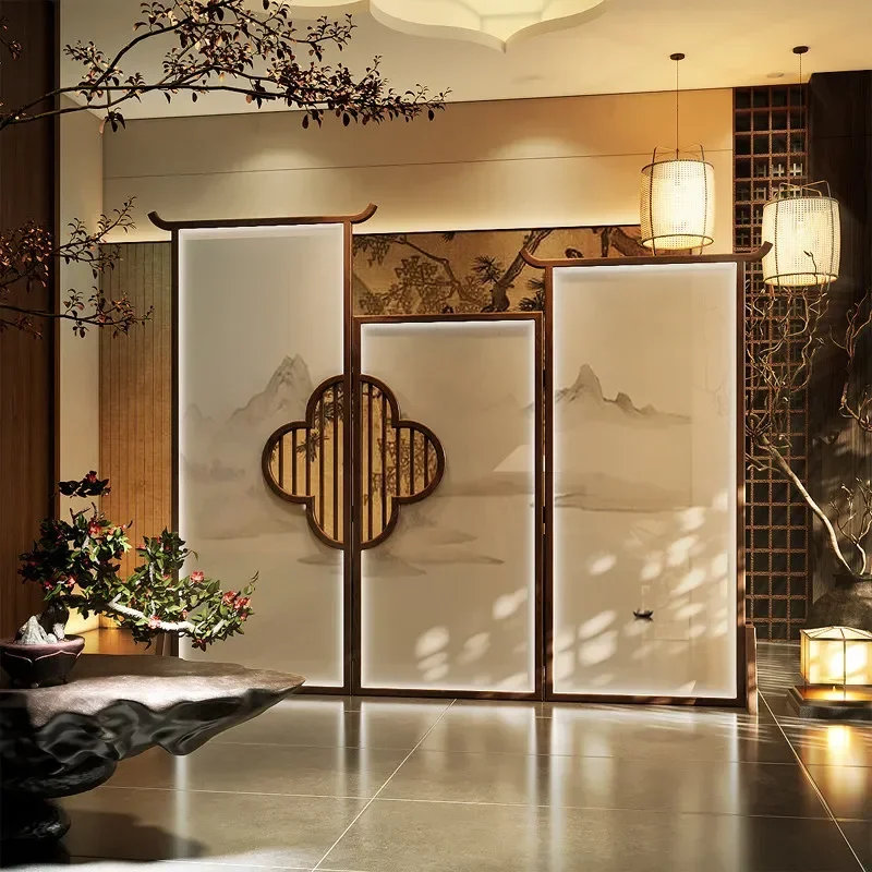 Aesthetic Landscape Screen New Chinese-style Solid Wood Partition Living Room Porch Blocking Movable Folding Seat Screenn29