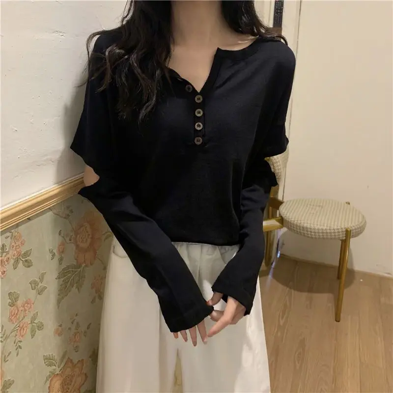 V Neck Striped Y2K Tops Tees Spring Summer New Long Sleeve Hollow Out Loose Button Trend T Shirts Fashion Casual Women Clothing