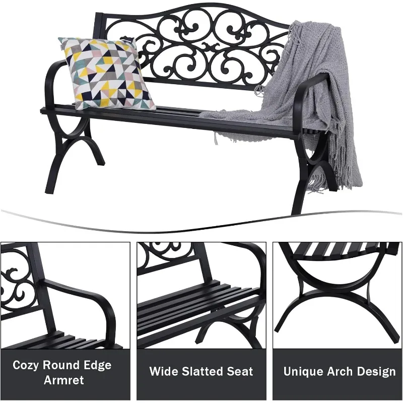 50 Inches Outdoor Garden Bench, Cast Iron Metal Frame Patio Park Bench with Floral Pattern Backrest