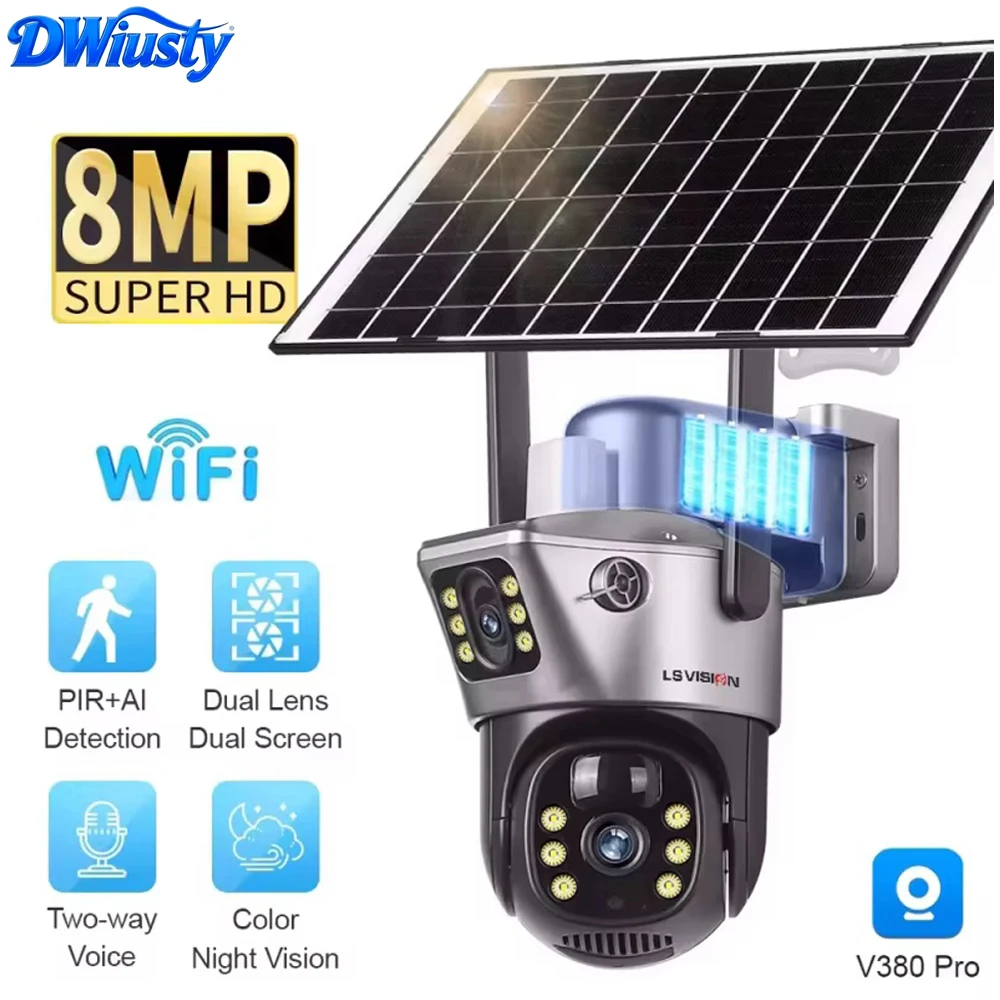 DWiusty Kamera Solarna 4K 8MP z Podwójnym Ekranem, Darmowa Karta Pamięci 256G, Zewnętrzna Bezprzewodowa WiFi Kamera z Podwójnym Obiektywem, Ochrona Bezpieczeństwa, Automatyczne Śledzenie