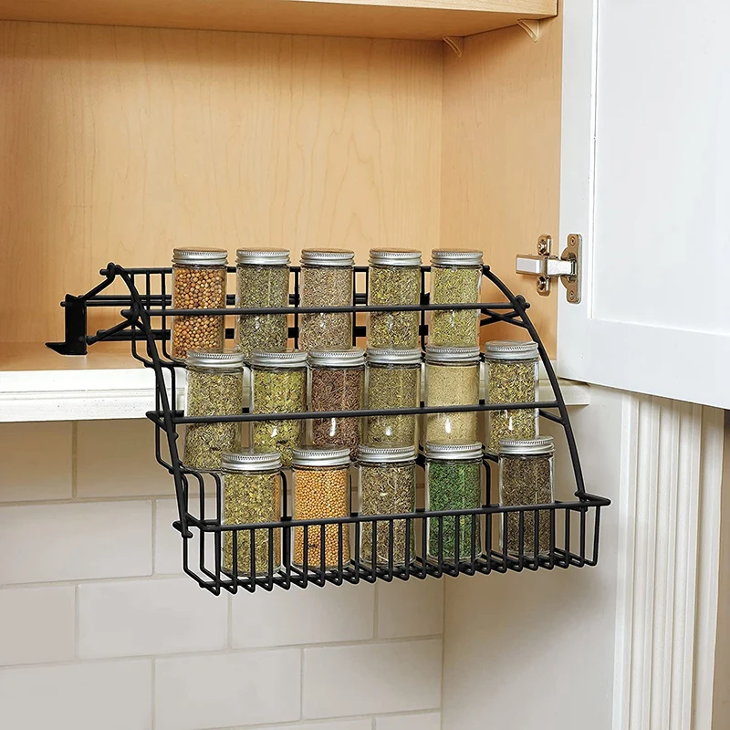 2X Metal 3-Tier Pull Down Spice Rack - Easy Reach Retractable Large Capacity Kitchen Storage Shelf Organizer A