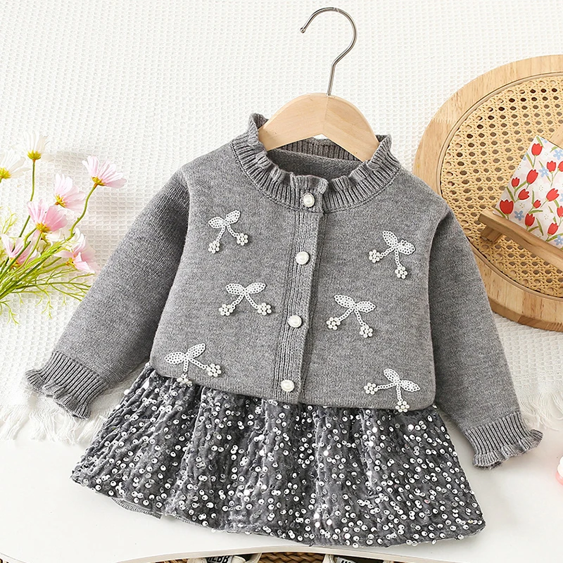 2025 New Autumn Winter 2-6Yrs Baby Girls Clothing Set Long Sleeved Knitted Cardigan+Short Skirt Kids Knitted Clothing Suit