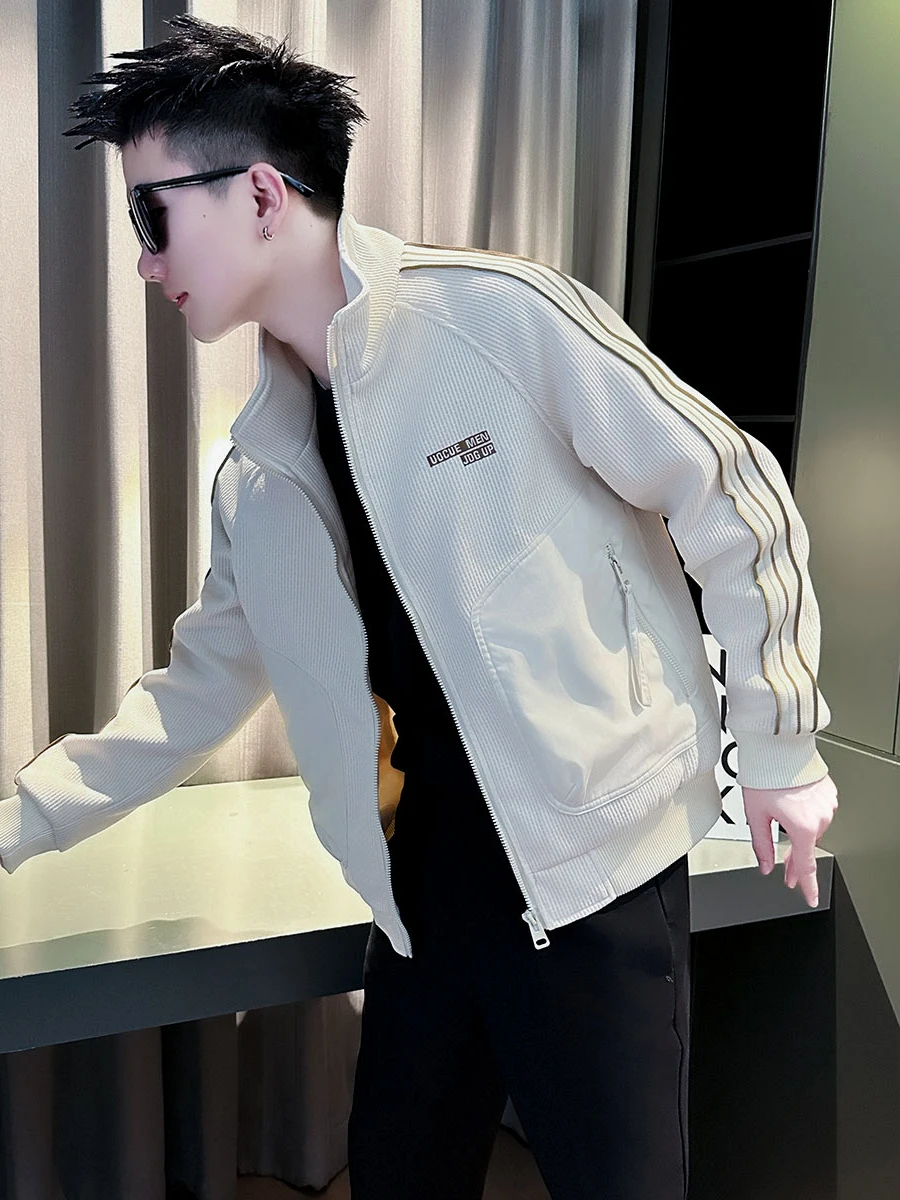 

Spring Autumn Men's Striped Jaet Casual Versatile Trendy Top 2025 New Sle Polyester Fabric Slim Fit Zipper Closure