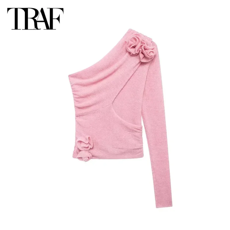 TRAF Women's Pink Sweater Tops 2024 Autumn Long Sleeve Cropped Knitted Pullovers Elegant Asymmetrical Floral Short Knitwear Tops