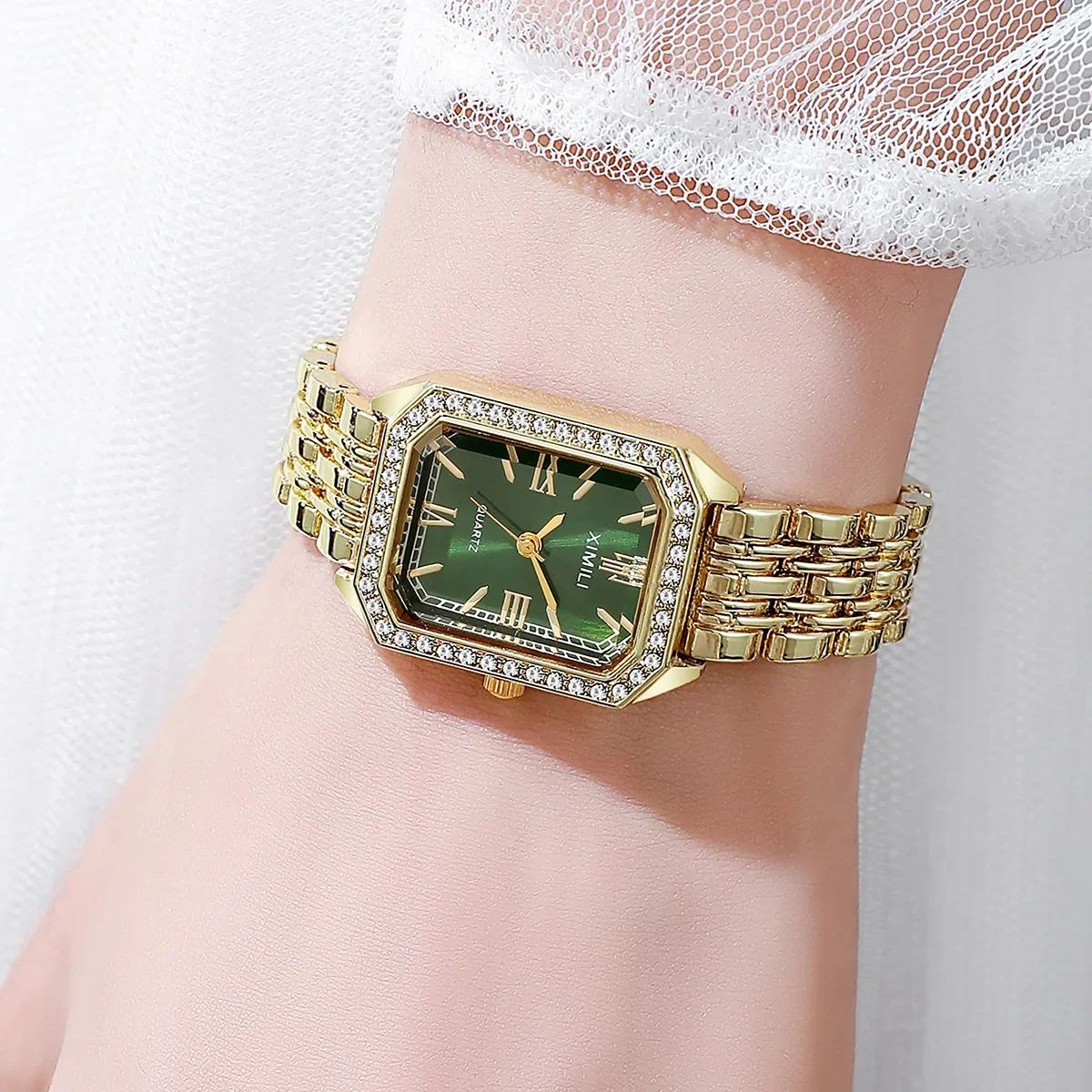 XIMILI Summer New Ladies Vintage Roman Numerals Rhinestone Dial Steel Strap Student Casual Quartz Watch
