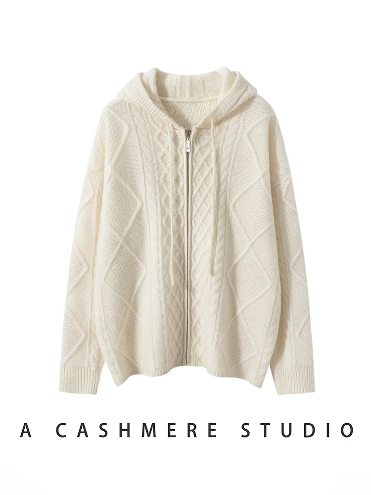 Damski sweter kaszmirowy 100%, gruby, z dzianiny w warkocze, rozpinany na zamek z kapturem, jesienno-zimowy, wysokiej jakości, kaszmirowa odzież dzianinowa, codzienna bluzka.