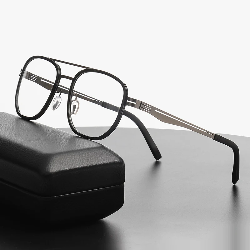 

Vintage Double-Bridge Ultra-light Glasses ALL Stainless Steel Square Eyeglass for Women Men Acetate Retro Optical Eyewear
