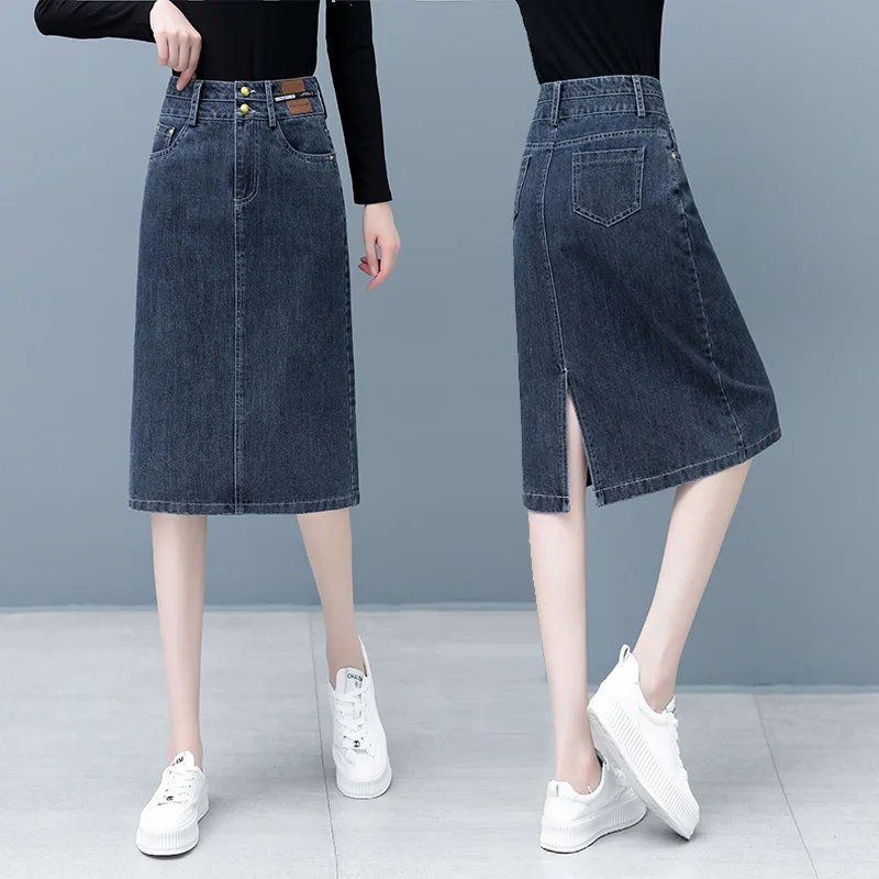 

High Waist A-Line Slit Denim Skirt Women's Spring Autumn New Sle Slimming Bodycon Casual Mid-Length Skirt Korean Sle