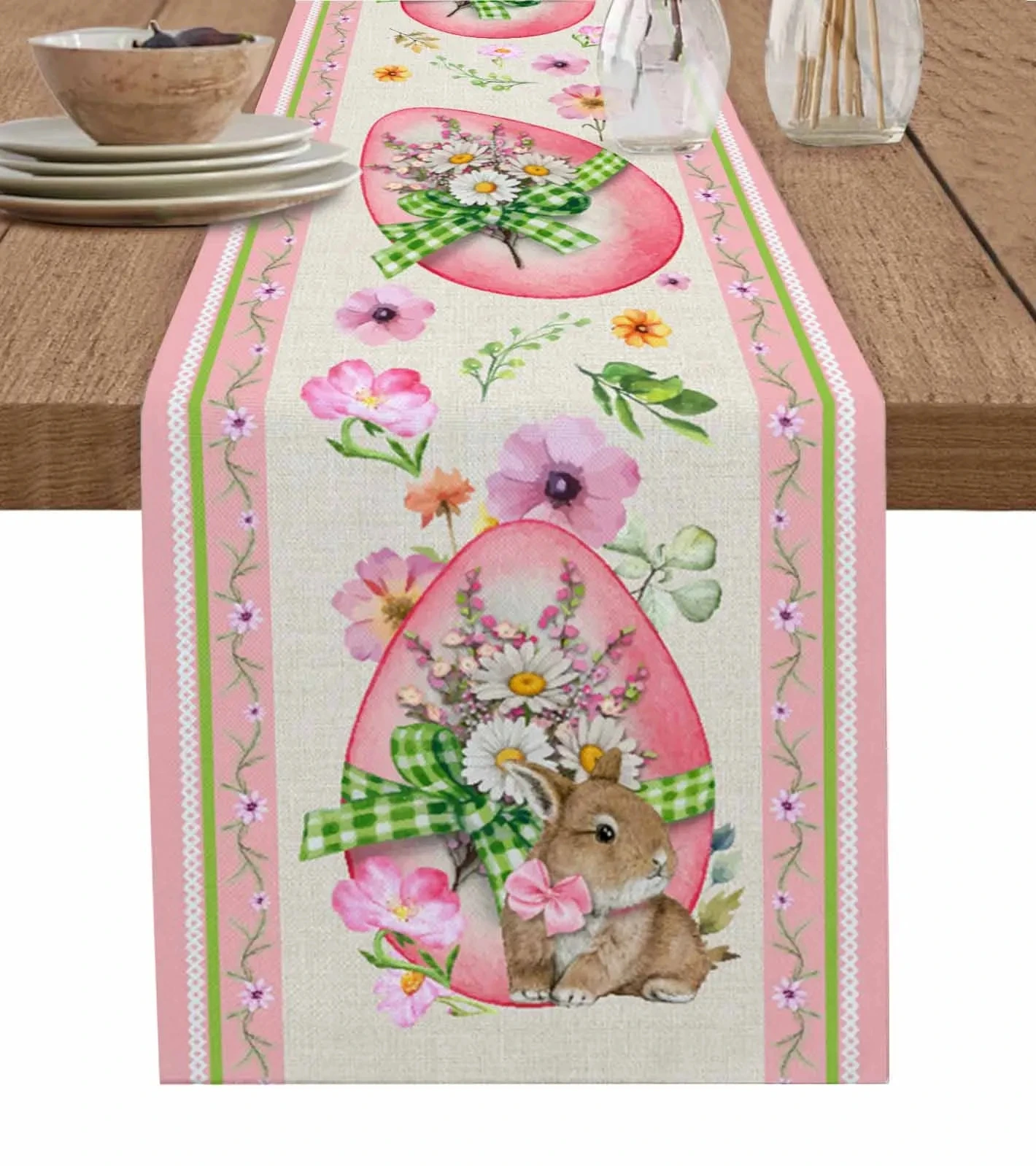 

Easter Egg Bunny Floral Watercolor Vintage Linen Table Runner Dresser Scarf Table Decor Home Dining Holiday Wedding Party Decor