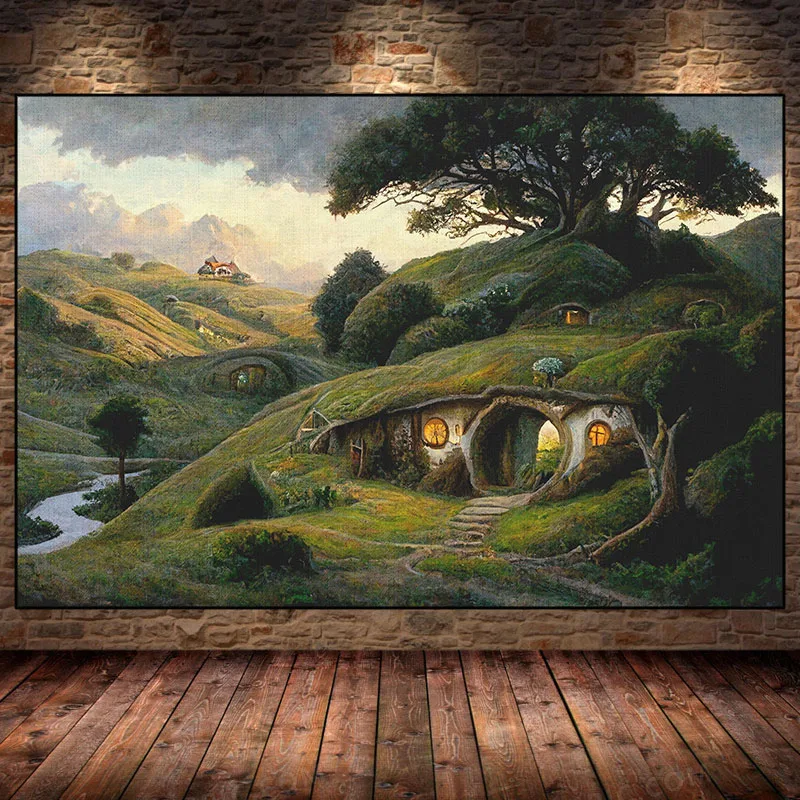 The S-Shire Canvas Painting H-Hobbit Hole Landscape Poster Cozy Earth  Halfling House Wall Art for Living Room Home Decor Mur