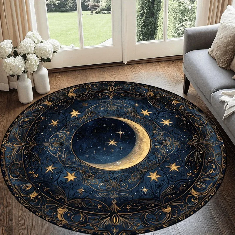 Himmlischer Teppich Tiefblau & Gold Mond und Sterne Runder Teppich, Waschbarer Kosmischer Teppich Büro Garten Terrasse Innenbereich Yoga-Matte zum Lesen