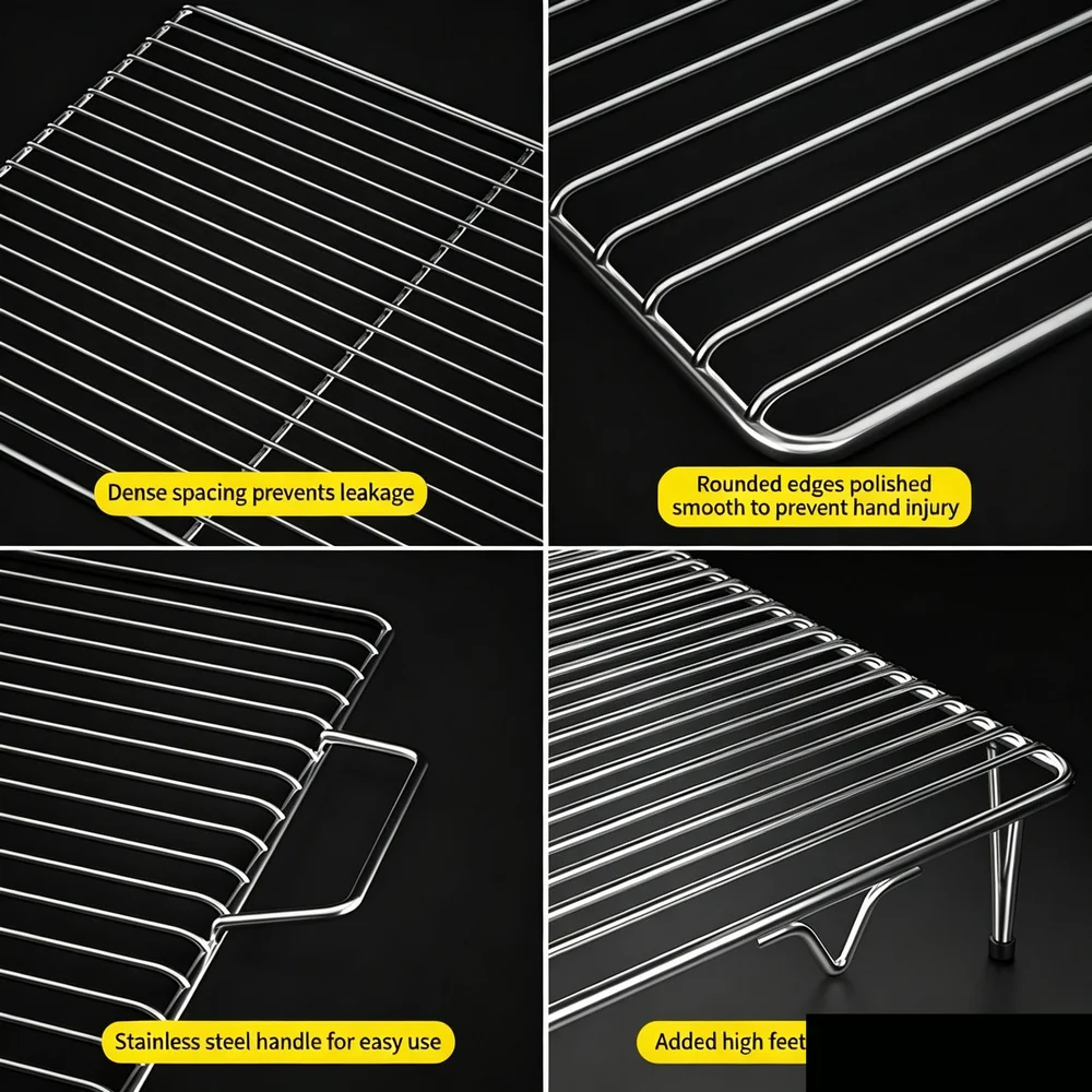 304 Stainless Steel Baking Cooling Rack with Feet or Handles , Cake Bread Steaming Grid, Oil Filter Net & BBQ Grill Mesh
