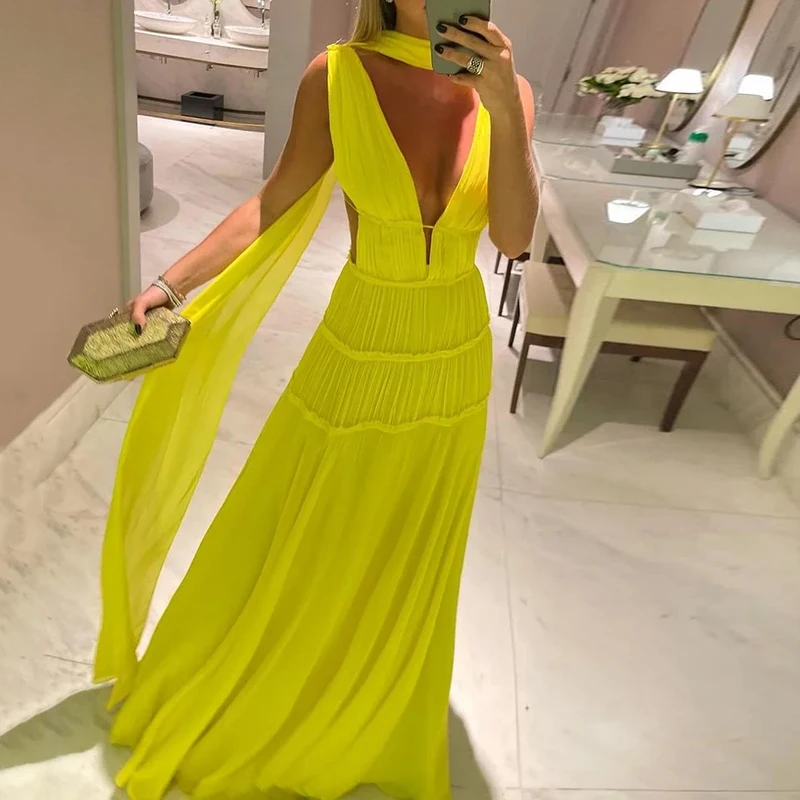 

Ellafads Maxi Dress Women's 2024 Summer Fashion Solid Sleeveless Hollow V Neck Backless Loose Pleated Holiday Dresses Streetwear