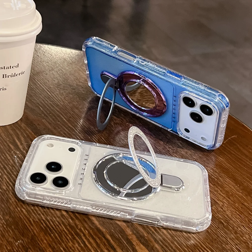 SHS بريق شفاف مرآة المغناطيسي حامل حافظة آيفون 17 برو ماكس 16 15 14 زائد 13 12 11 الثقيلة درع غطاء مقاوم للصدمات