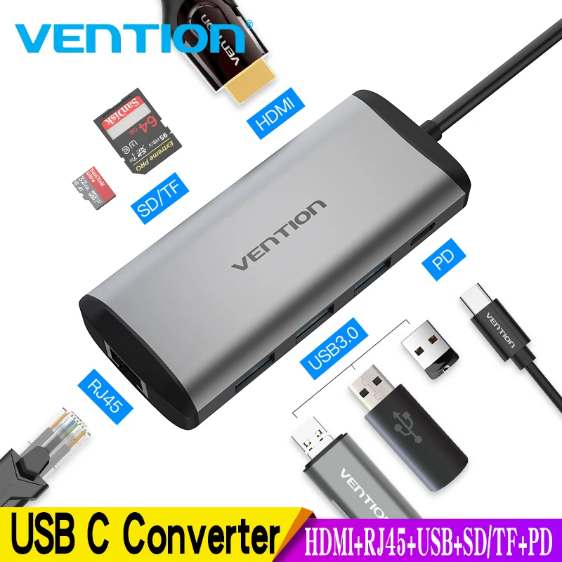 Chính Hãng Vention Hub Chia Cổng Usb Loại C USB USB 3.0 HUB Thunderbolt 3 Adapter Cho MacBook Samsung S9 S10 Huawei giao Phối 20 P30 Pro USB-C HUB