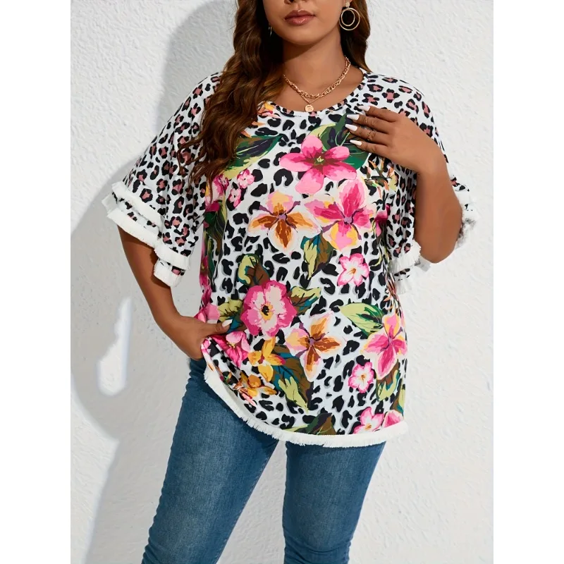 Plus Size 1XL-5XL New Women's Loose-Fit T-Shirt Round Neck Printing Color Block Lace Leaf Sleeve Cross-Border European Style