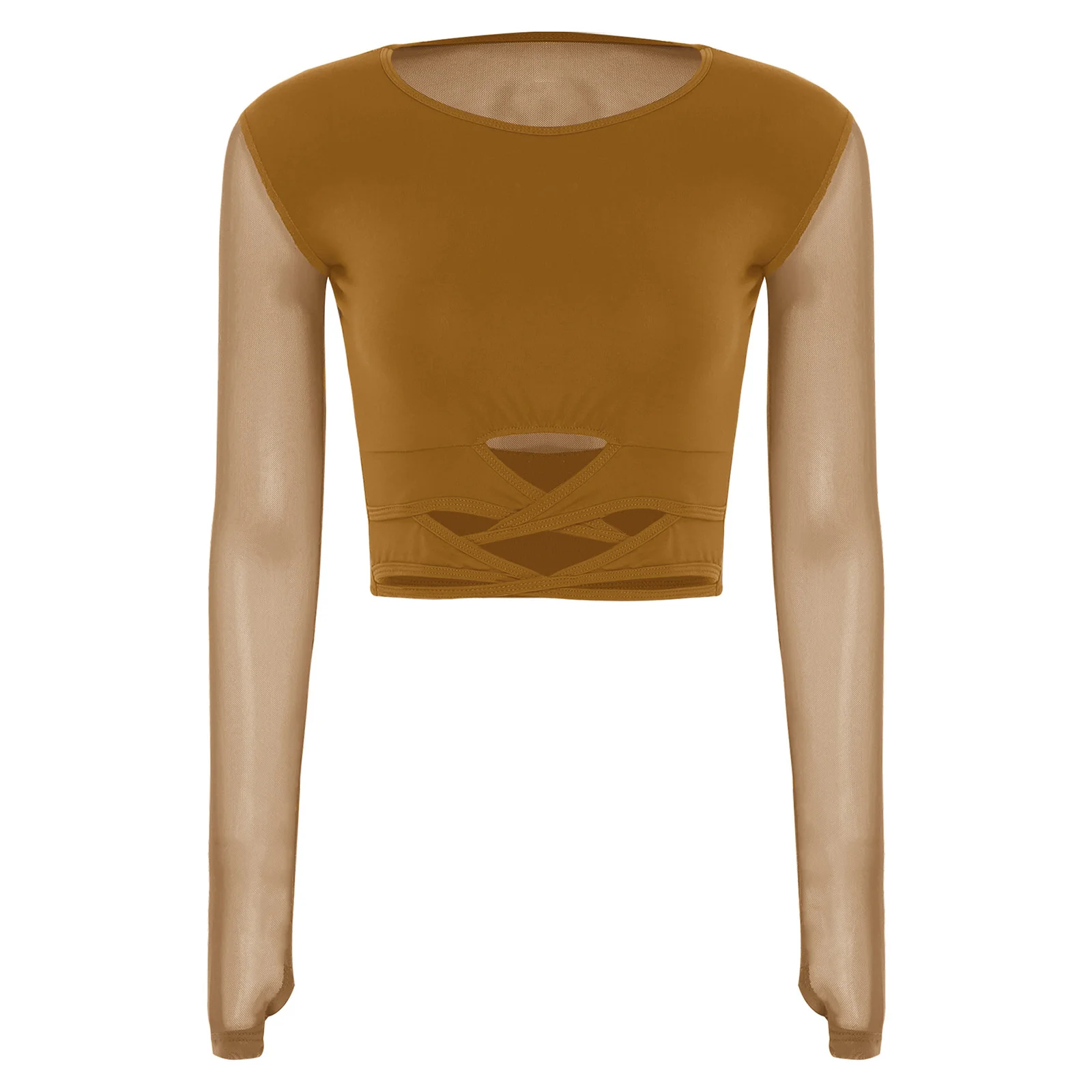 レディースバレエラテンタンゴフリンジスカート、内蔵ショートパンツとシアーメッシュ長袖ダンスクロップトップ付き、ルンバベリーダンス用