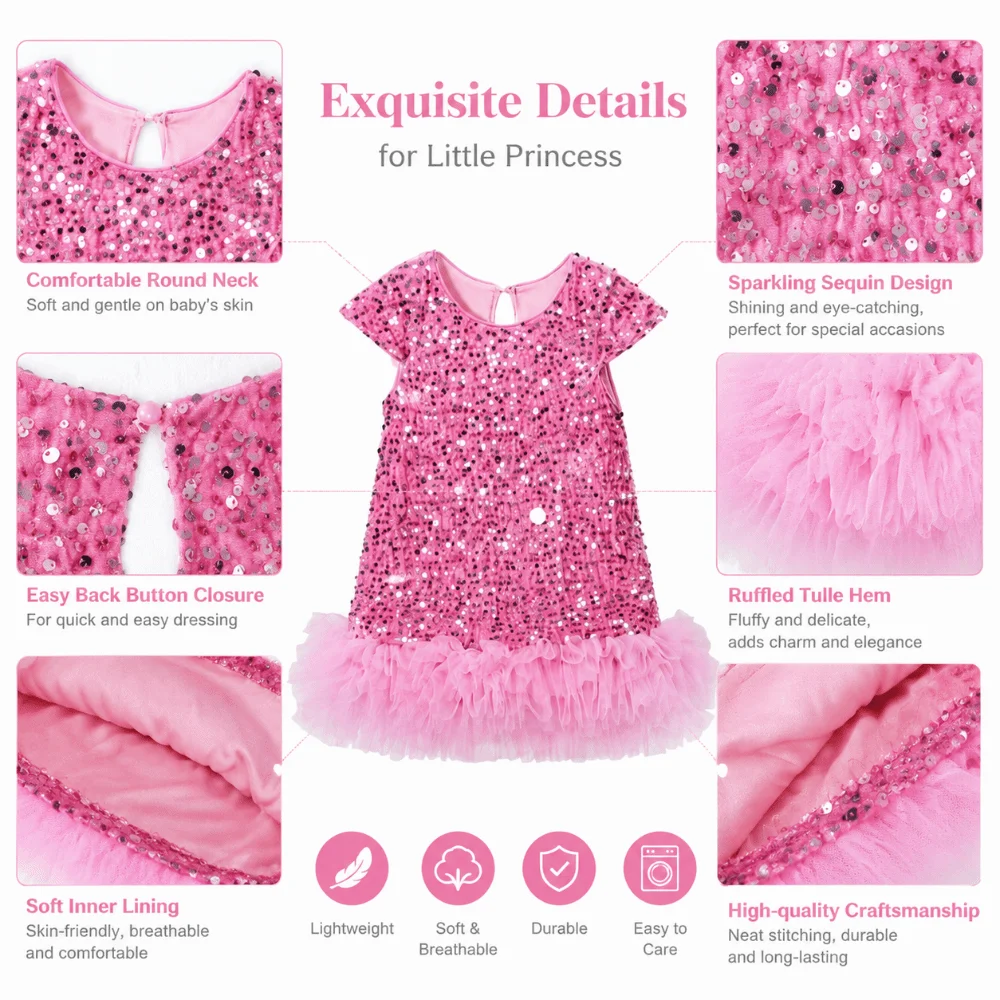 New Short Sleeved Girls Sequined Vest Skirt Fluffy Mesh Sequin Girls Dress Costume Elegant Princess Tutu Dress Halloween view 6