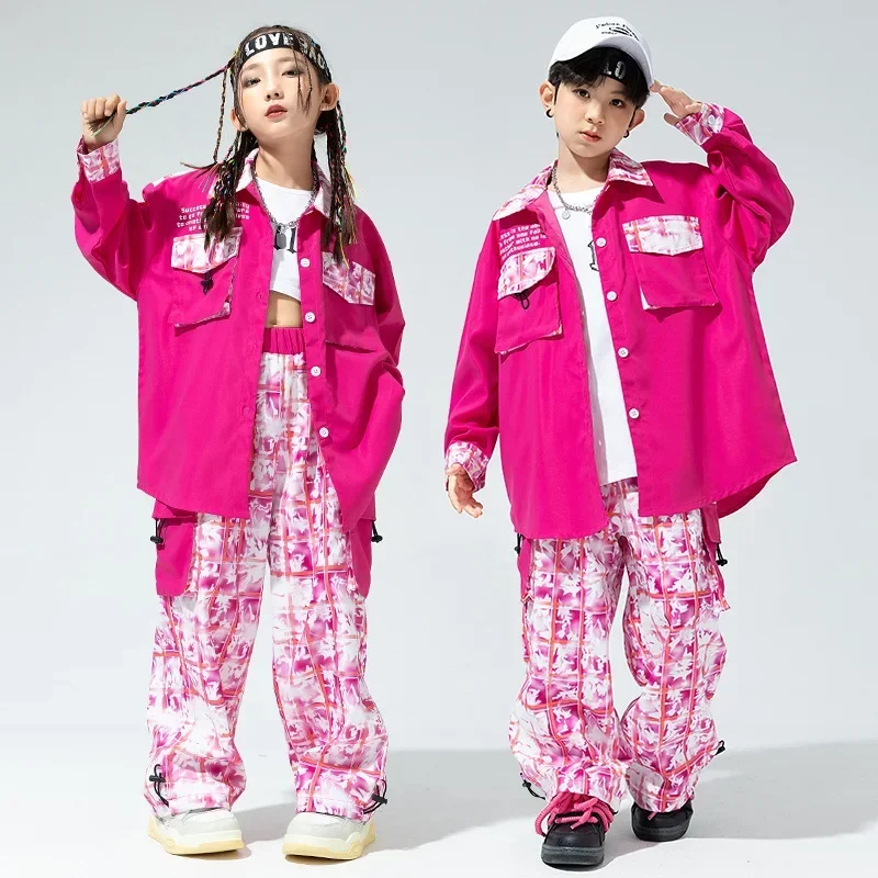 Girl Boy Jazz Dance Costume Clothes Set Kid Hip Hop Clothing Rose Oversized Shirt Checkered Print Casual Pockets Cargo Pants