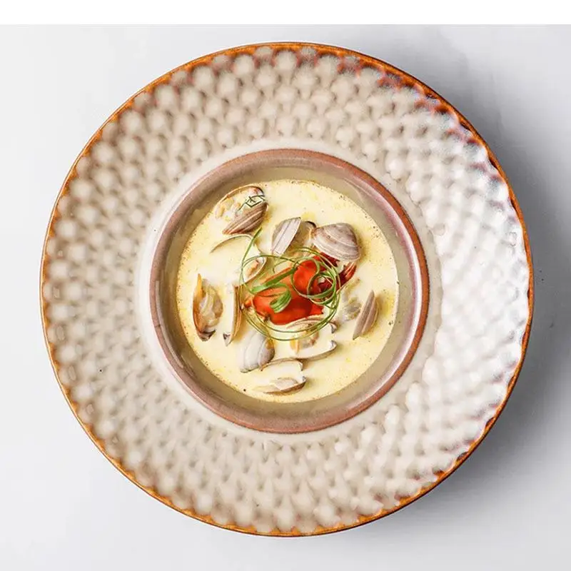 Retro Texture Ceramic Thick Soup Plate Salad Dessert Seafood Pasta Plates Restaurant Specialty Tableware