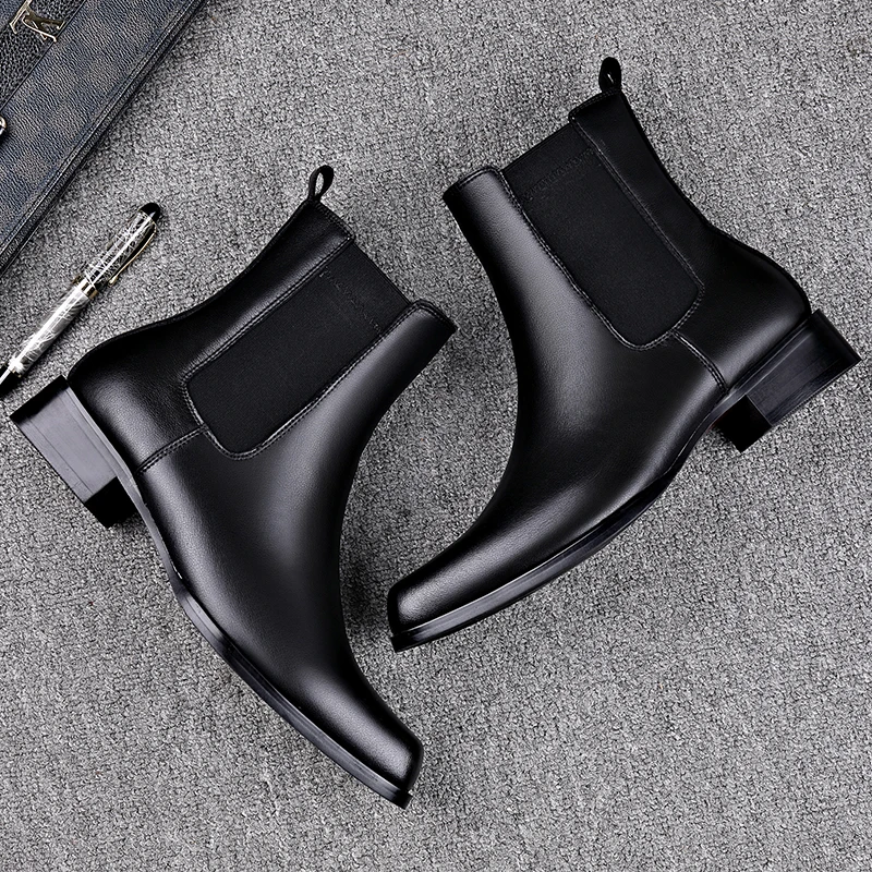 Ankle Boots Mens High Rise Mid Length Winter Plush Cotton Shoes High Cut Genuine Cowhide British Business Leather Chelsea Boots