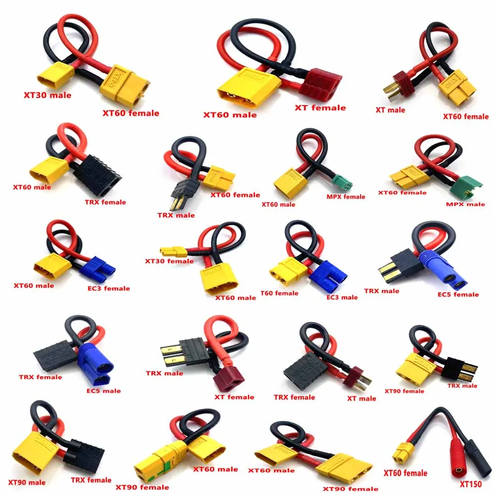 

XT30 XT60 XT90 EC5 EC3 XT TPX MPX T Plug Female to Male Adapter Charge Connector 10cm Connector for RC Lipo Battery Parts DIY