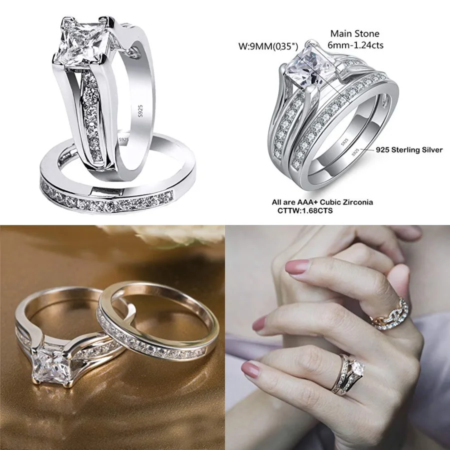 

MABELLA 2 Sterling Silver Cubic Zirconia Princess Cut Women's Wedding Engagement Bridal Ring Set
