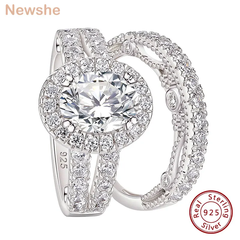 Newshe Vintage 4 Carats Oval Cut 5A Cubic Zircon Wedding Engagement Rings Set for Women Solid 925 Sterling Silver Bridal Jewelry