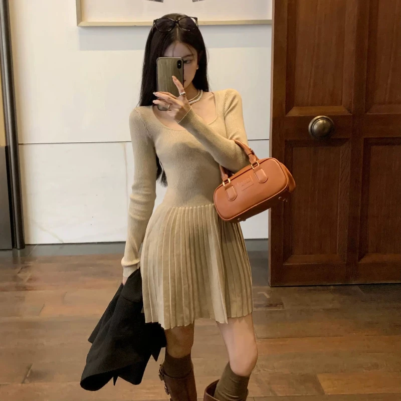 Bodycon Woman Knitted Dress New in Casual Retro Deals Korean Harajuku Wygodne, niezbędne plisowane sukienki szydełkowe dla kobiet