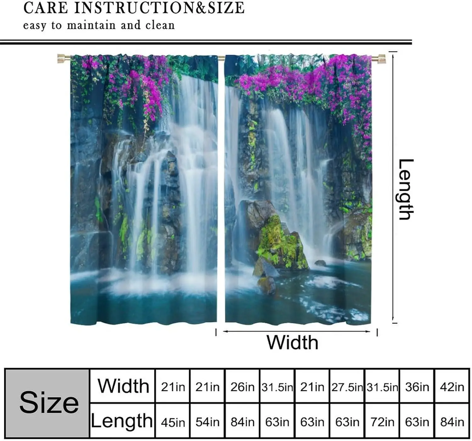 Landscape Curtains, Tropical Jungle Rainforest Waterfall Print Window Treatments, Rod Pocket Thermal Insulated Drapes 2 Panel