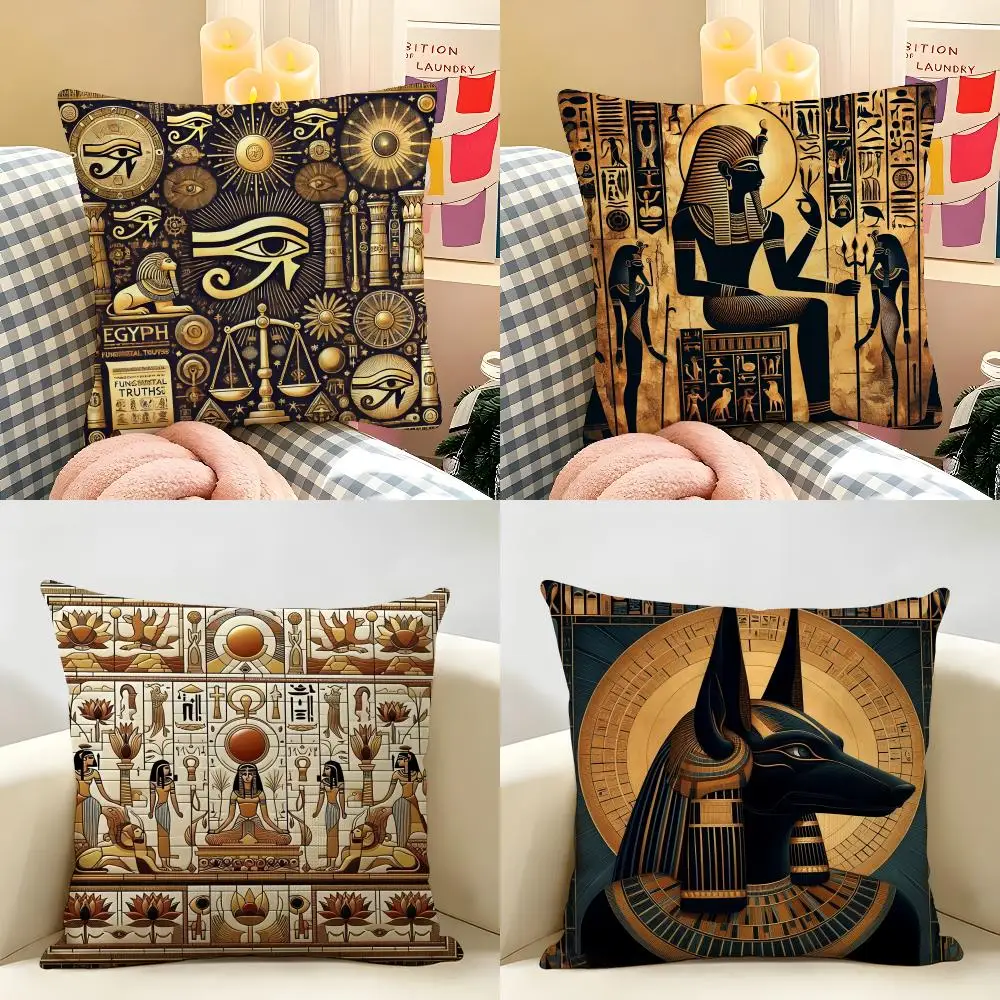 Ancient Egyptian Cultural Elements Cushion Cover Natural Linen Organic Fabric Double-Sided Printing Room Sofa Decor Pillow Case