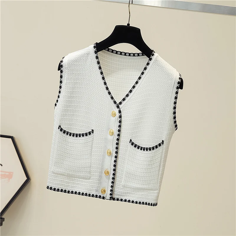 

Sweater Vest Women Knitted Elegant Trendy Lady Office Button Sleeveless Leisure All-match Stylish Female Pocket Simple Patchwork