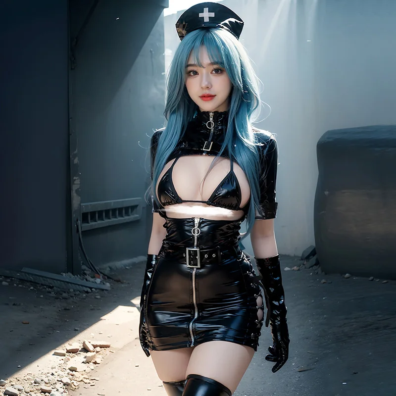 Nurse Cosplay Costume PU Leather Transparent Jumpsuit Dress Women Sexy Anime Lingerie Bandage Outfit Hollow Chest Exotic Costume