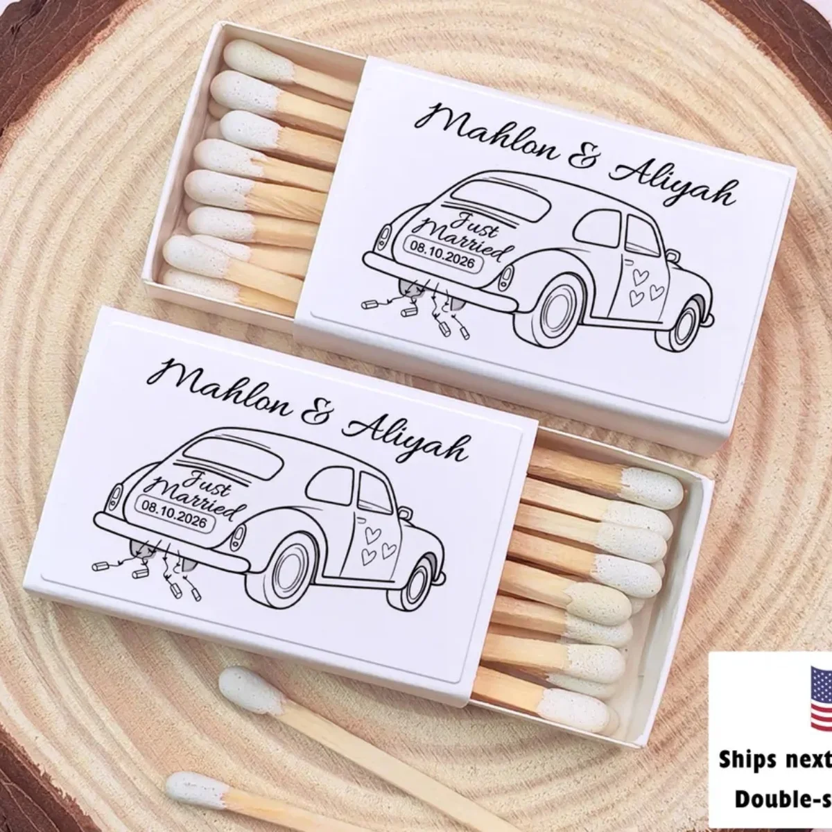 Just Married Car Custom Wedding Matchboxes, Bulk Personalized Wedding Guest & Bar Party Matchbook Favors