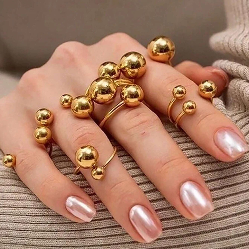 Punk Chunky Ball Rings For Women Men Gold Color Stainless Steel Anxiety Beads Ring Trendy Jewelry Finger Accessories Gift BFF