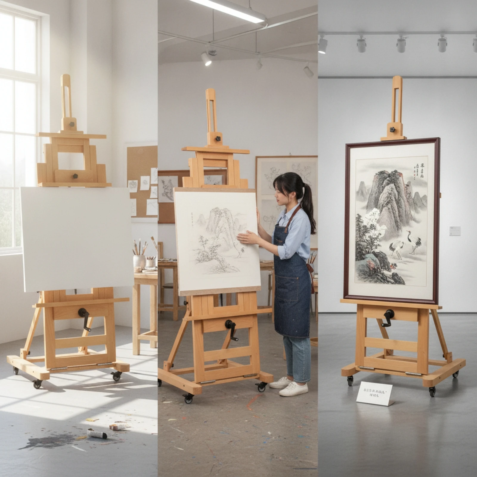 Kids Art Easel - クランク式イーゼル 耐久性のある木製イーゼル 車輪付き アーティスト向けモバイルイーゼル