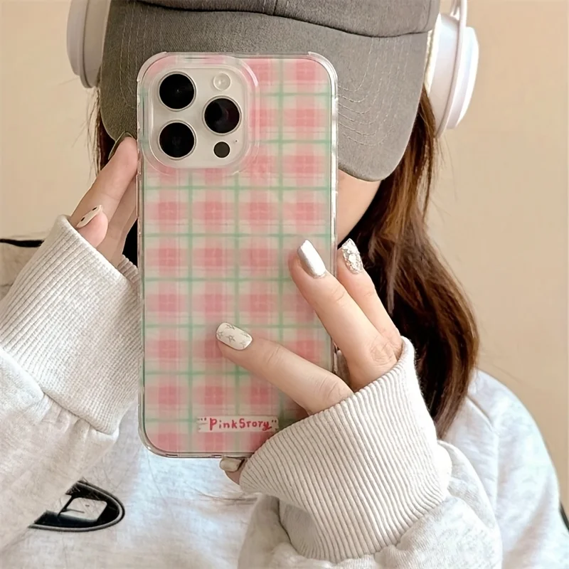 Ins Pink Plaid Phone Case for Samsung Galaxy S25 S24 S23 S22 S21 FE Ultra Plus 4G 5G Feather Texture Back Cover - náhled 2